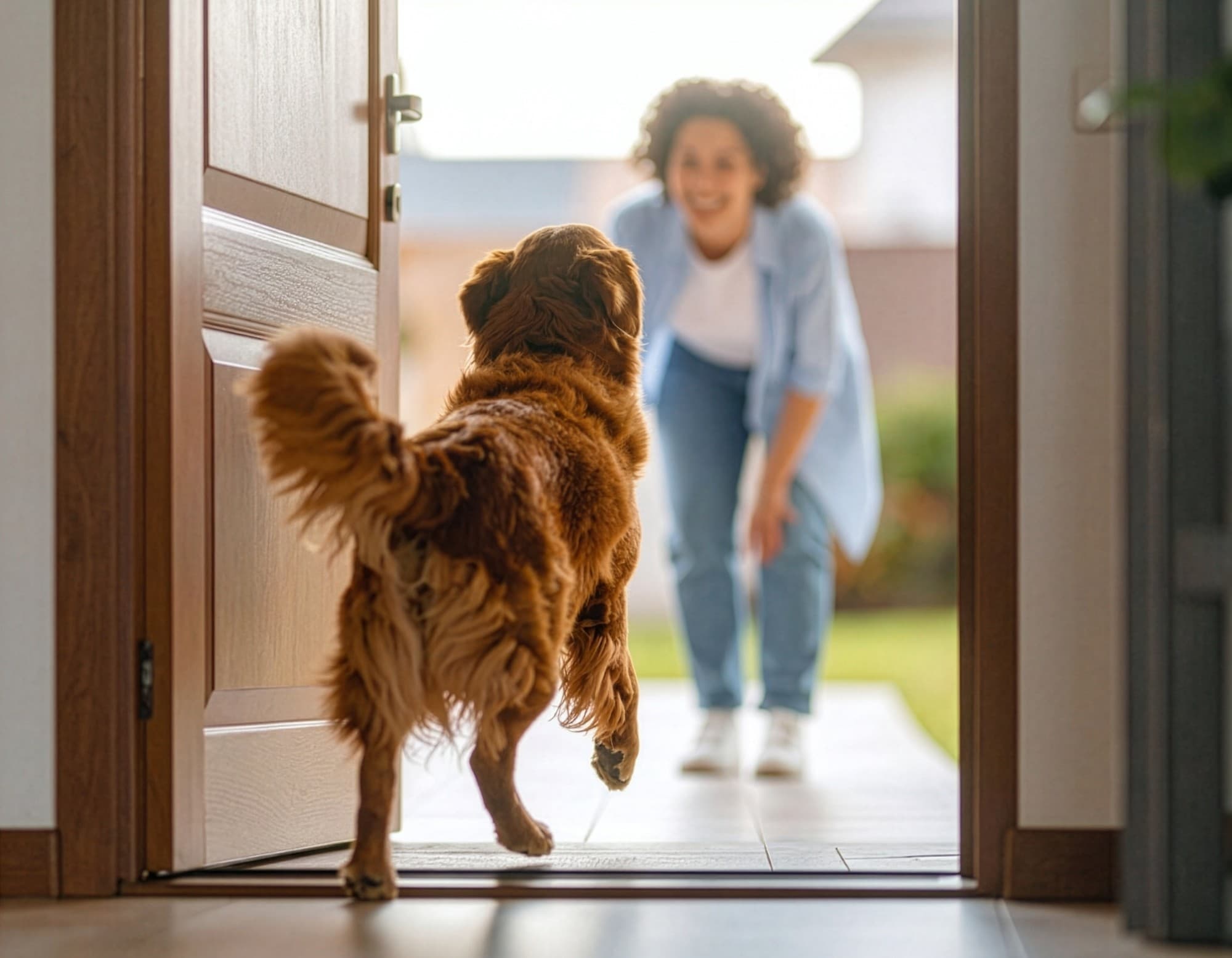 A dog runs through an open front door toward a smiling woman waiting outside.