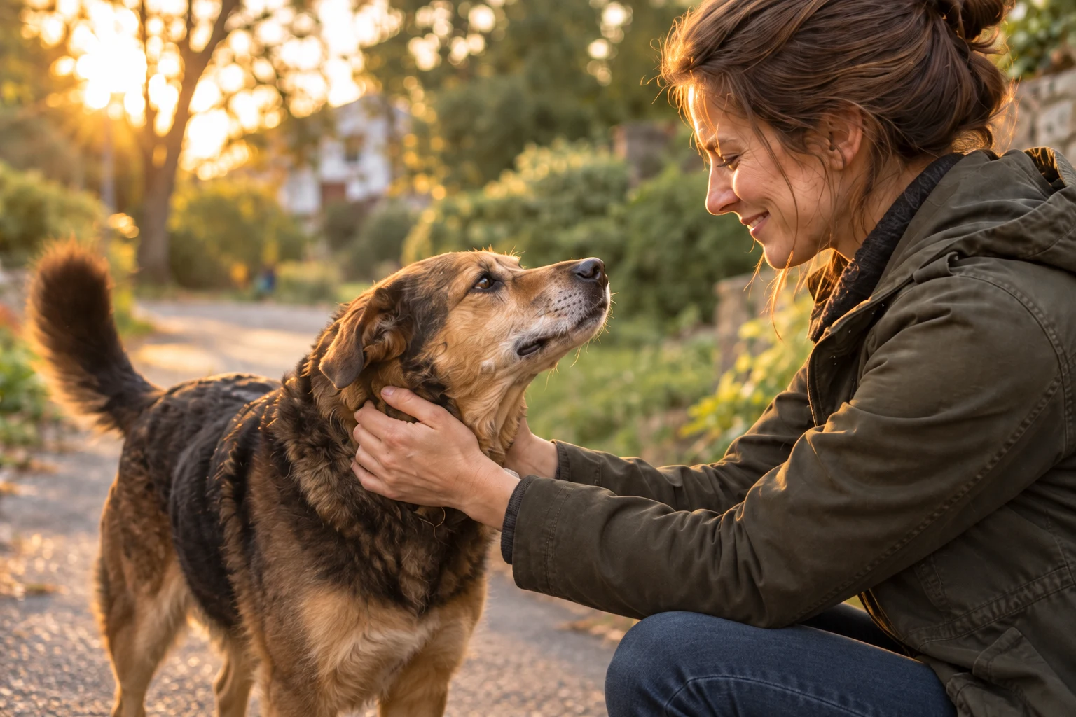A dog with a raised tail being welcomed by its smiling person