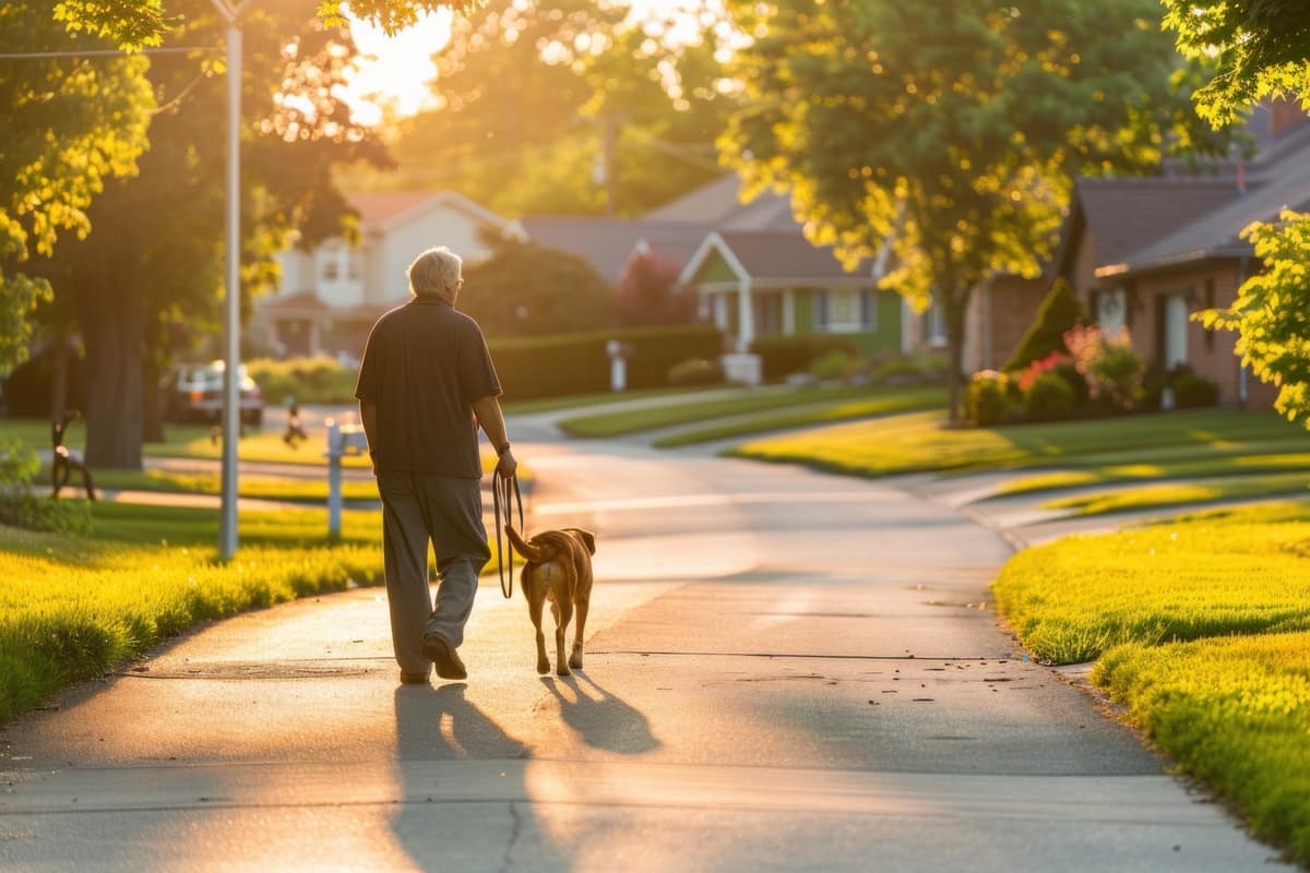 A neighbor walking his dog at sunset on a quiet street.